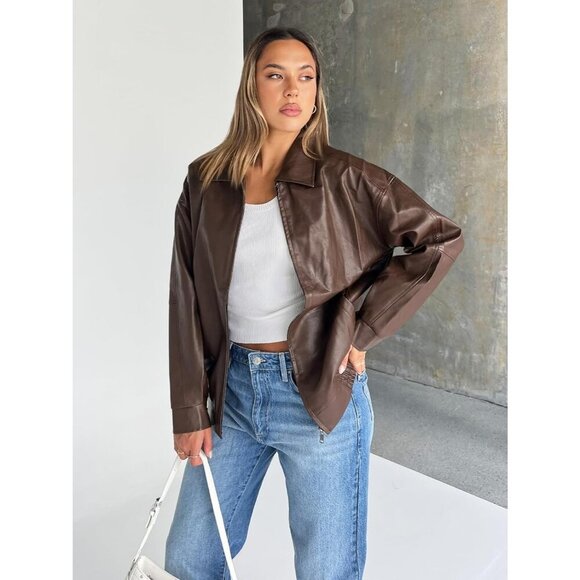 Women's Leather Bomber Moto Coat Jacket Brown Trendy Queen Statement Piece - Picture 5 of 5